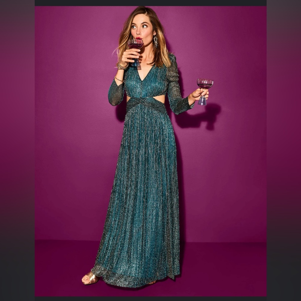 EUC - Lilly Pulitzer Latrice Plisse Metallic Long Sleeve Maxi Dress, size 12